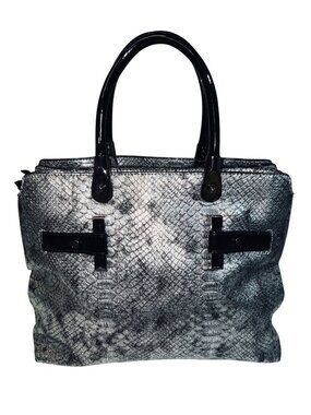 Snakeskin-Embossed Metallic Silver Womens Tote Bag Faux Leather Double Handles